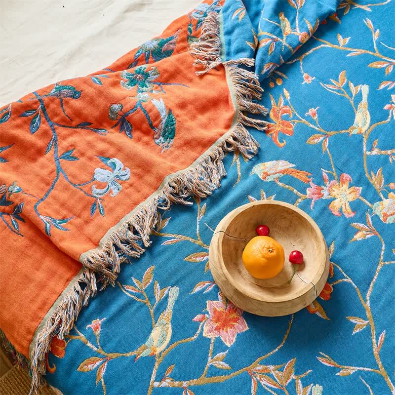 Floral & Magpie Tassel Cotton Gauze Quilt Blanket