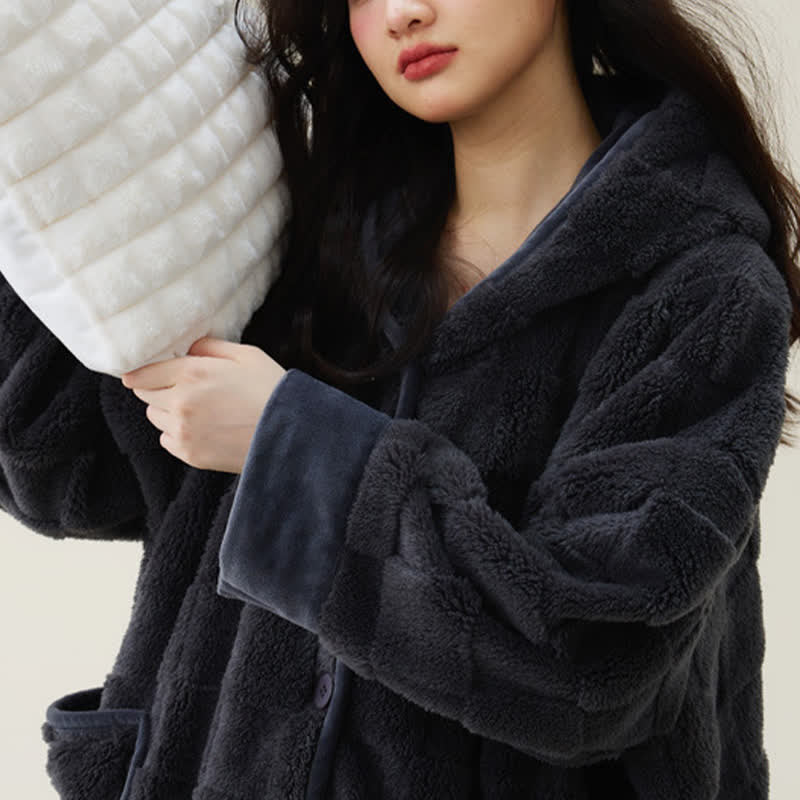 Solid Plush Checkered Texture Hooded Robe