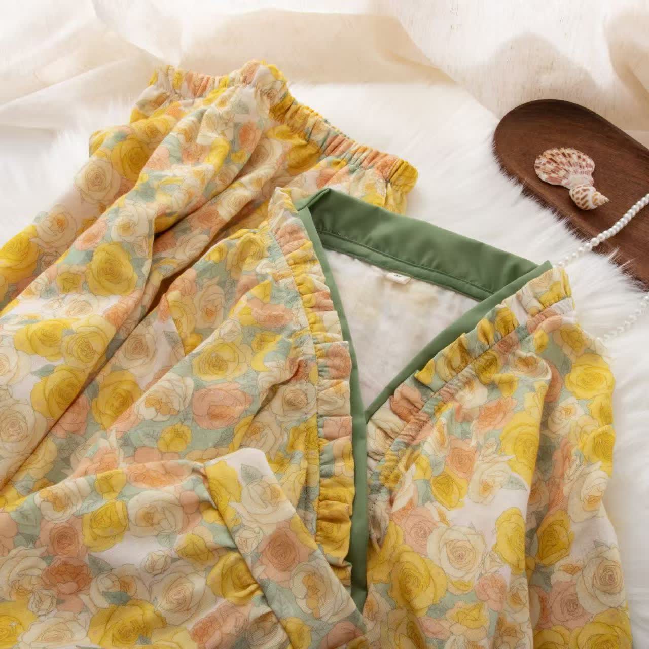 Yellow Floral Cotton Ruffle Wrap Loungewear Set