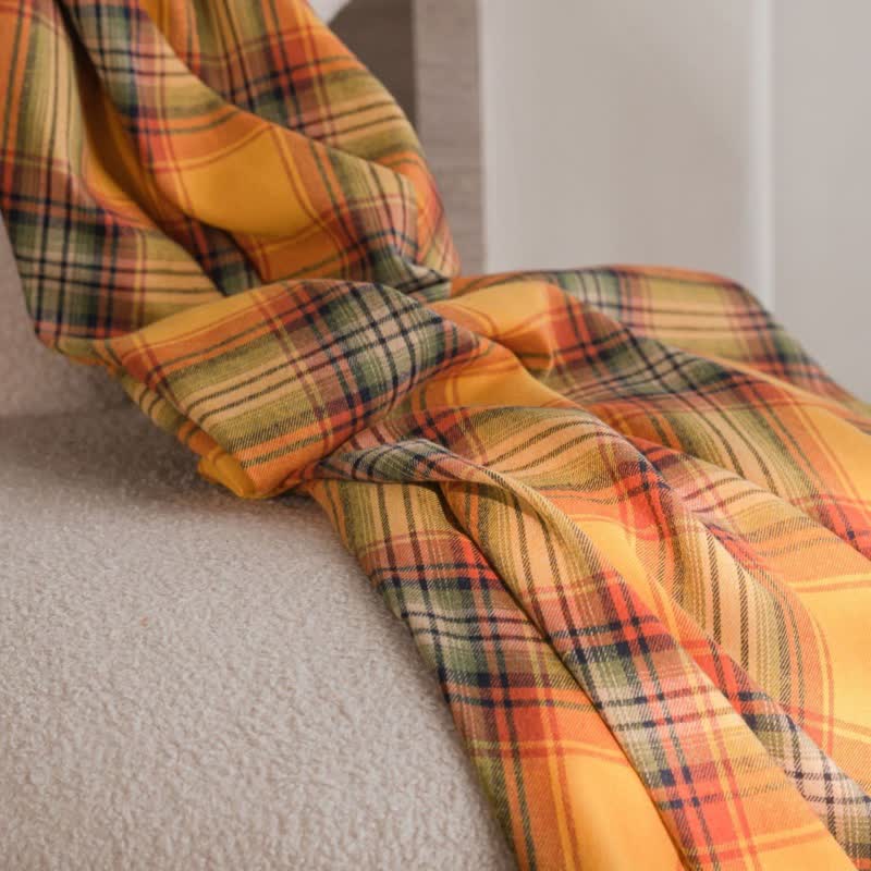 Farmhouse Style Orange Plaid Tassel Curtain