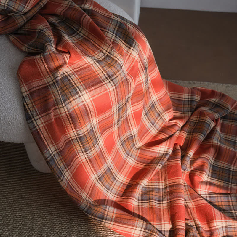 Farmhouse Style Rust Red Plaid Tassel Curtain