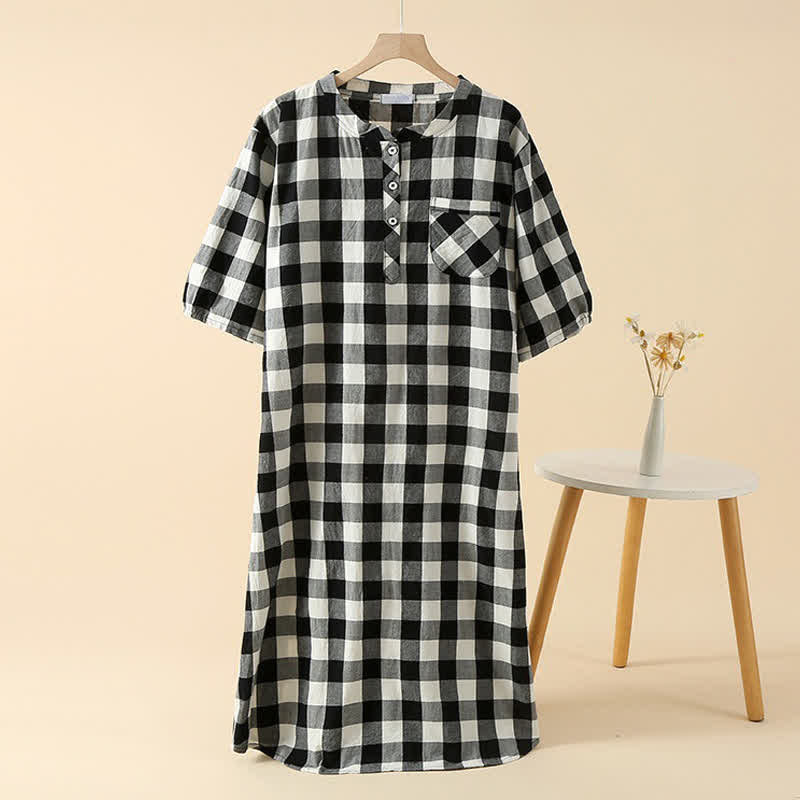 Plaid Cotton Gauze Nightgown with 3-Button