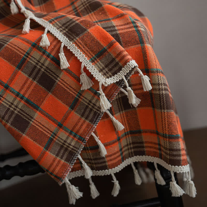 Bright Orange Plaid Tassel Curtain