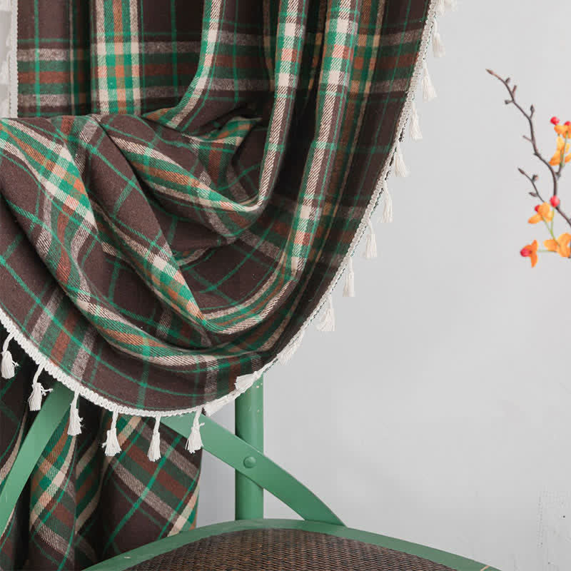 Vintage Style Green Plaid Tassel Curtain