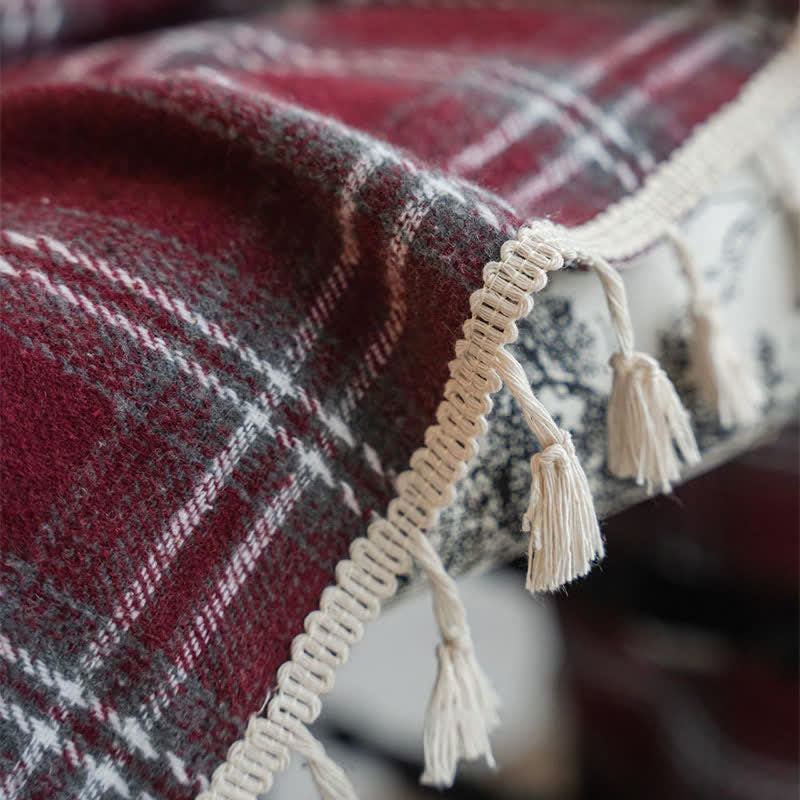 Vintage Style Burgundy Plaid Tassel Curtain
