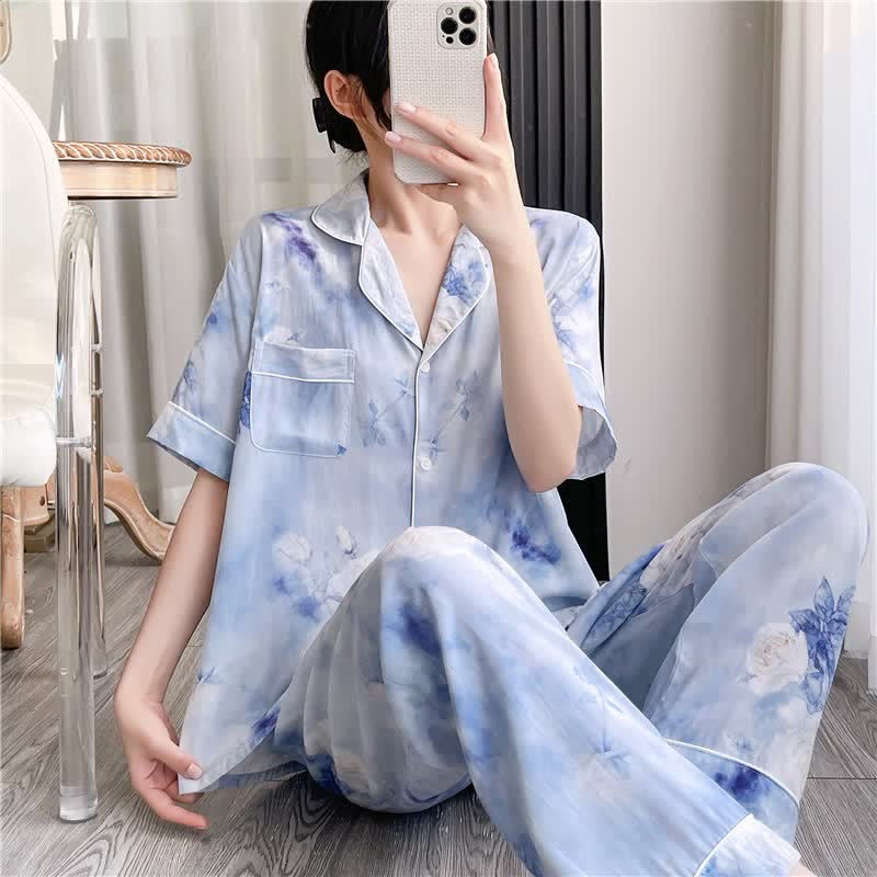 Blue Watercolor Floral Silky Loungewear Set