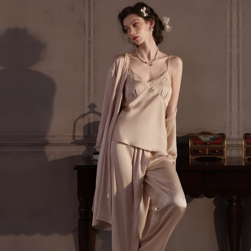 Elegant Silky Lace Trim Loungewear Set(3PCS)