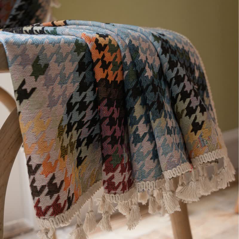 Colorful Houndstooth Jacquard Curtain with Tassel