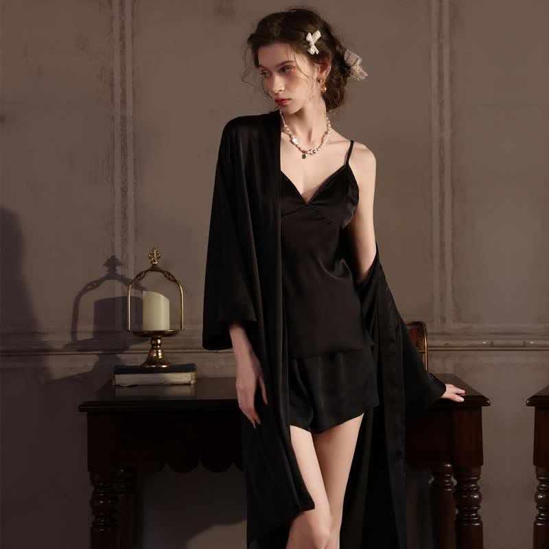 Solid Color Silky Cami Pajama Set(3PCS)