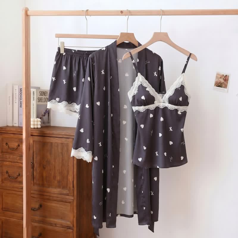 Heart & Bow Lace Trim Cami Pajama Set(3PCS)