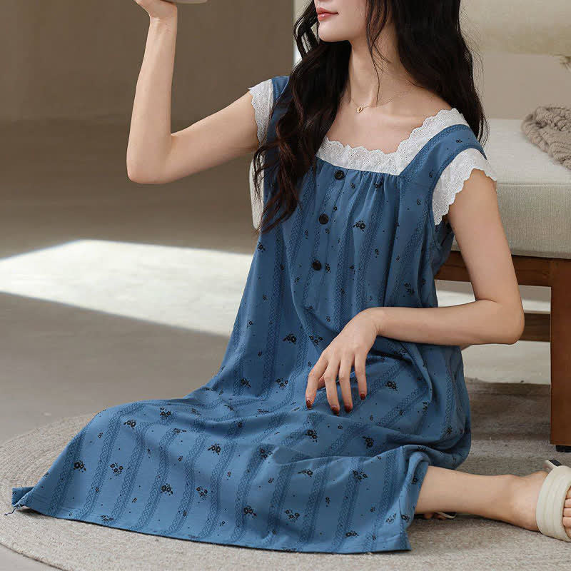 Striped Floral Cotton Lace Sleeveless Nightgown