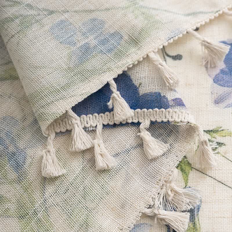 Blue Floral Print Curtain With Tassel