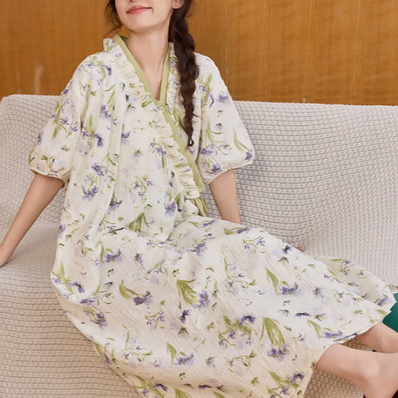 Purple Floral Ruffled Side-tie Nightgown