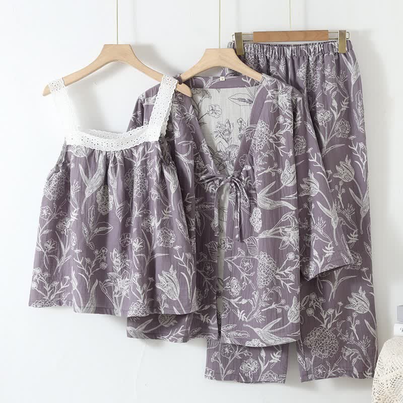 Floral Pure Cotton 3-Piece Pajama Set