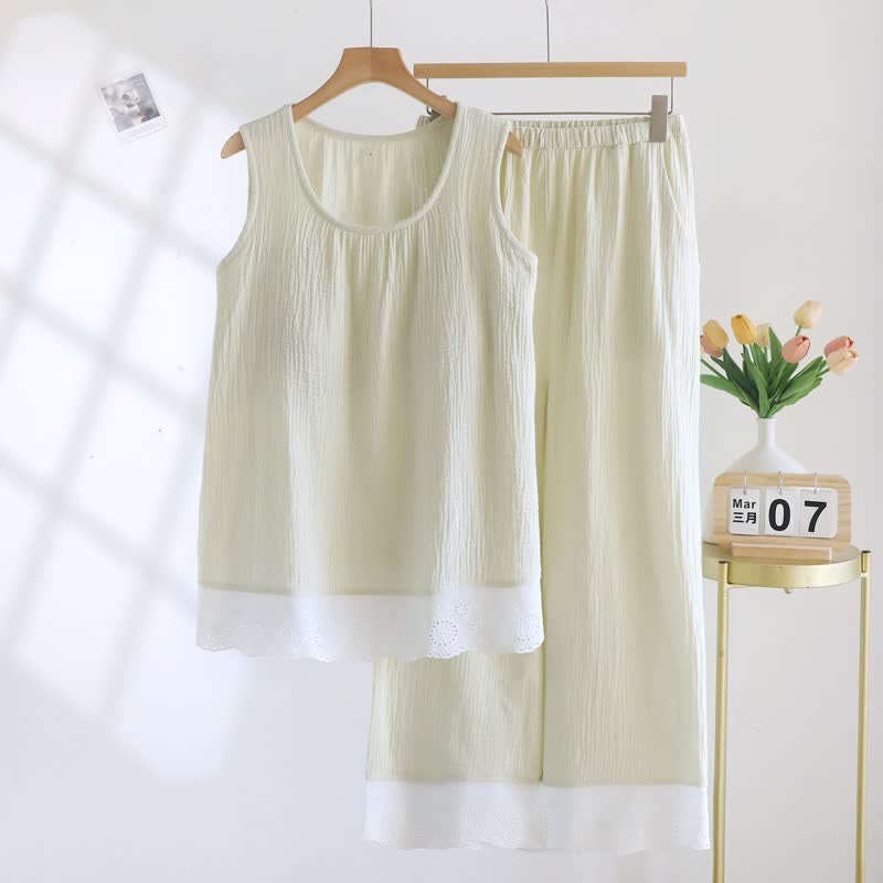 Solid Cotton Gauze Lace Loungewear Set