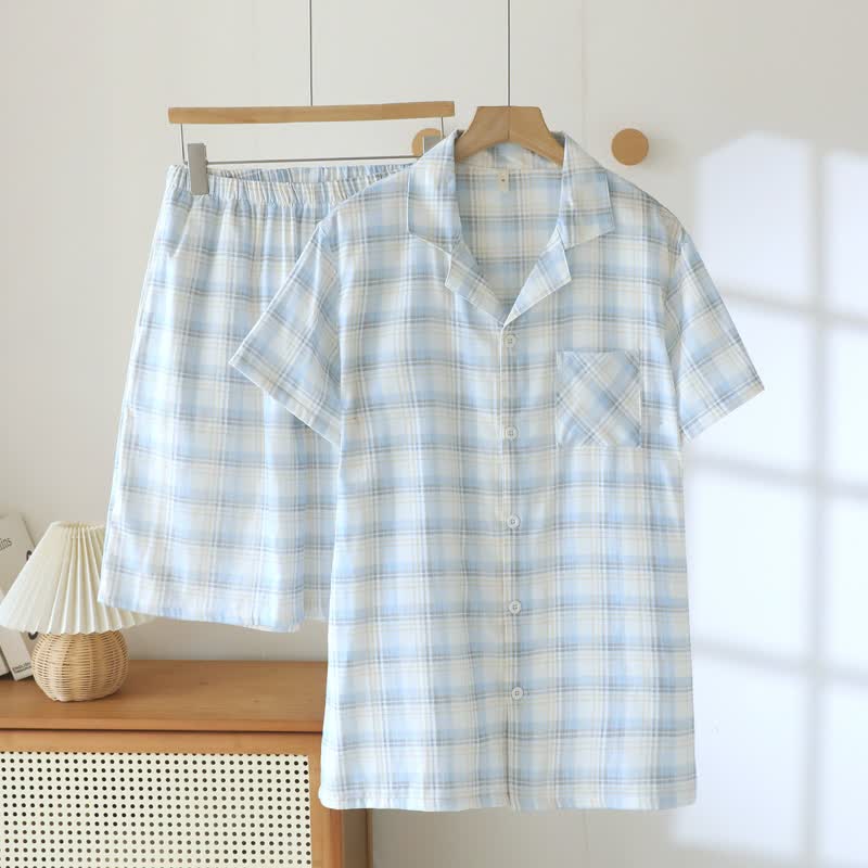 Short-Sleeve Cotton Plaid Sleepwear Set