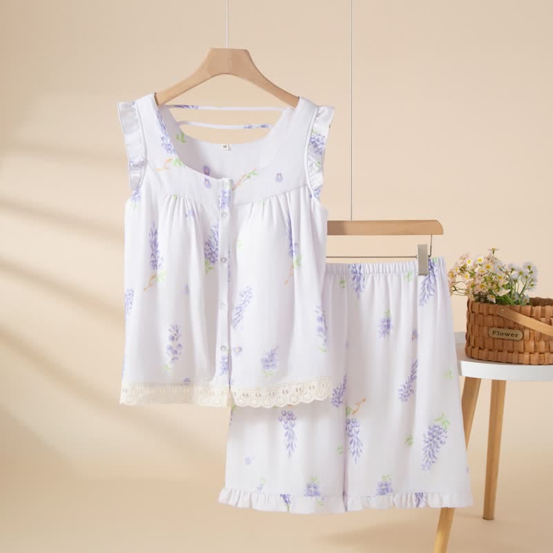 Purple Floral Cotton Ruffle Lace Pajama Set