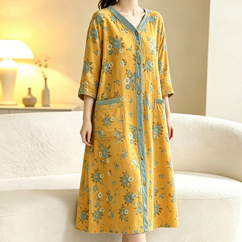 Yellow Floral Cotton Lounge Dress
