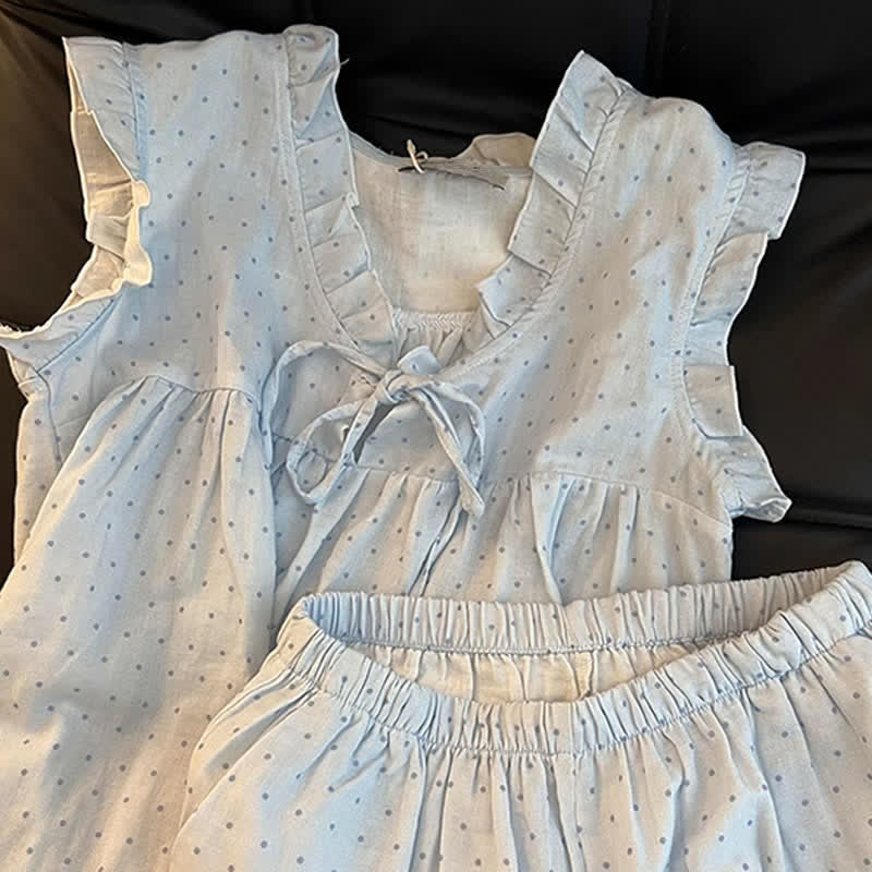 French Dot Ruffle Sleeveless Women's Pajamas