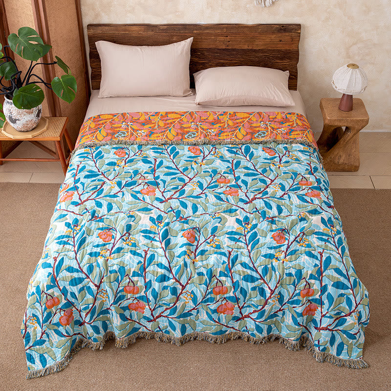 Vintage Botanical Fringed Reversible Gauze Quilt