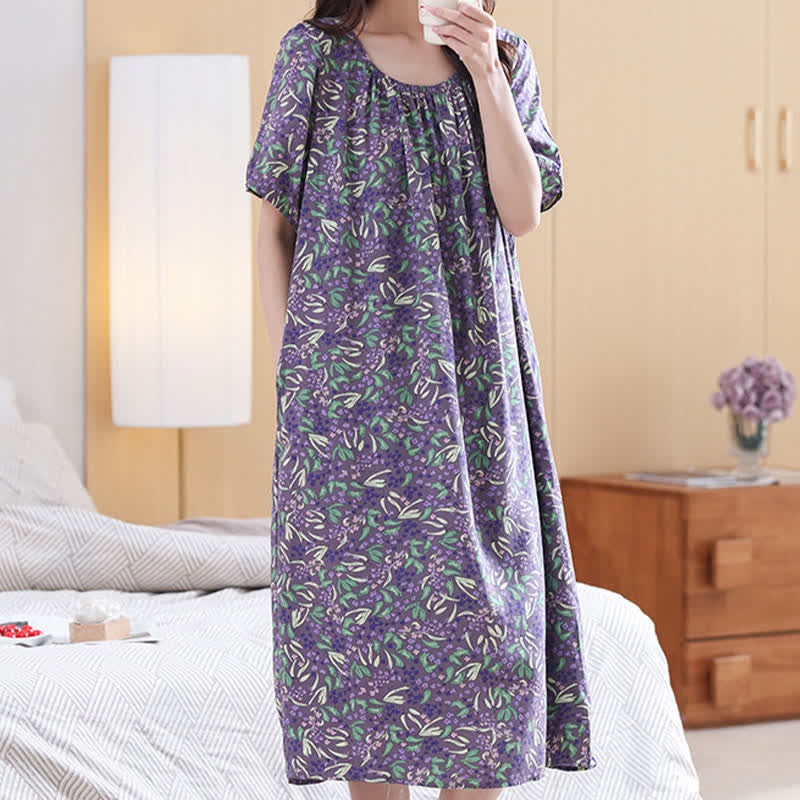 Purple Floral Gathered Neck Lounge Dress