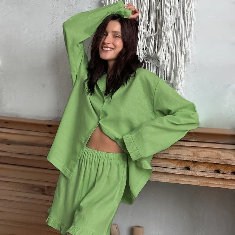 Solid Cotton Ruffle Trim Women's Pajamas