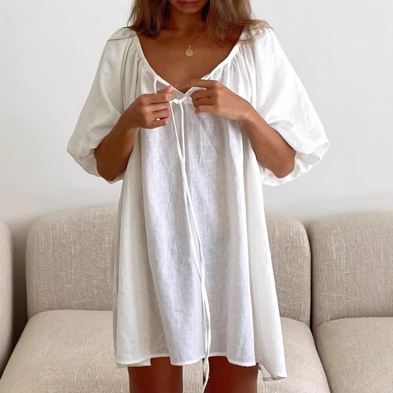 White Cotton Tie Neck Loungewear Dress