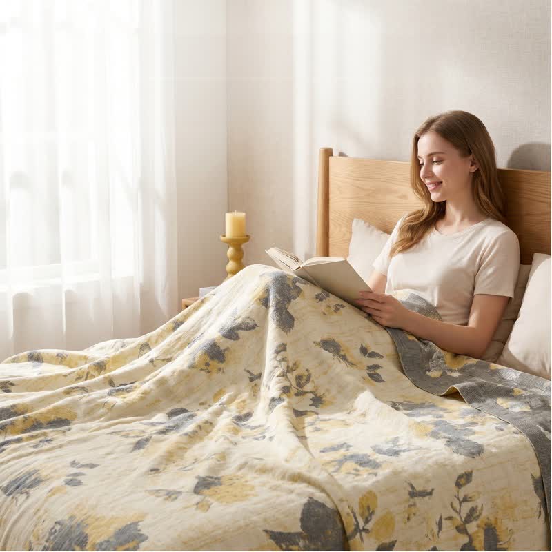 Yellow & Gray Floral Cotton Quilt Blanket