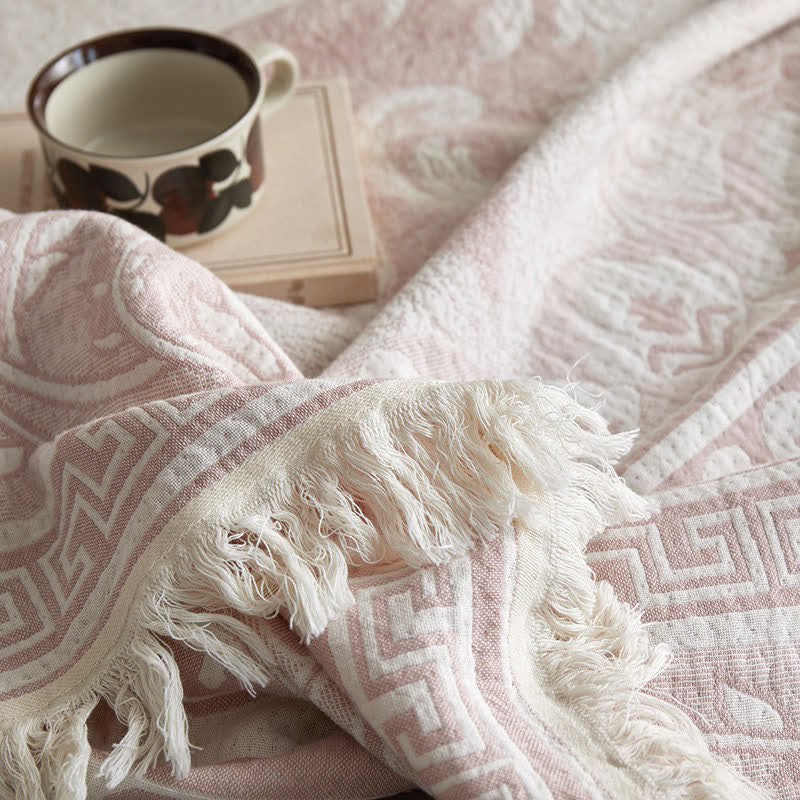 Pink Floral Scrollwork Pattern Cotton Blanket