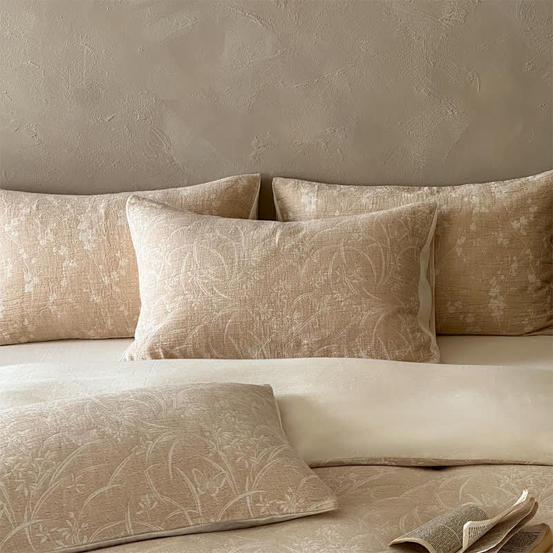 Beige Botanical Jacquard Cotton Bedding Set