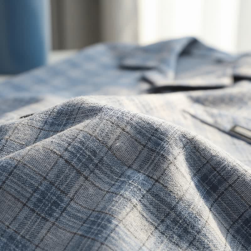 Cotton Blue-Gray Plaid Button Loungewear Set
