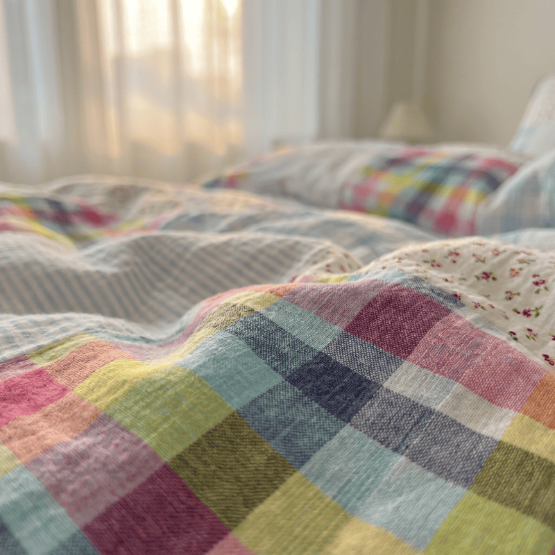 Rainbow Plaid Patchwork Floral Cotton Bedding Set