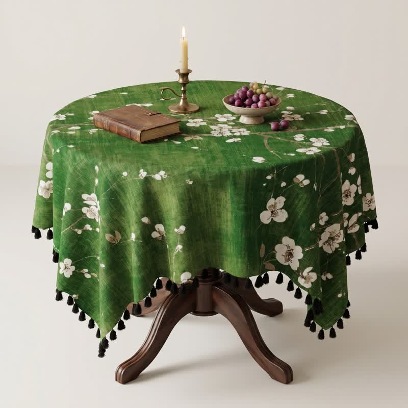 Vintage White Plum Blossom Tassel Tablecloth