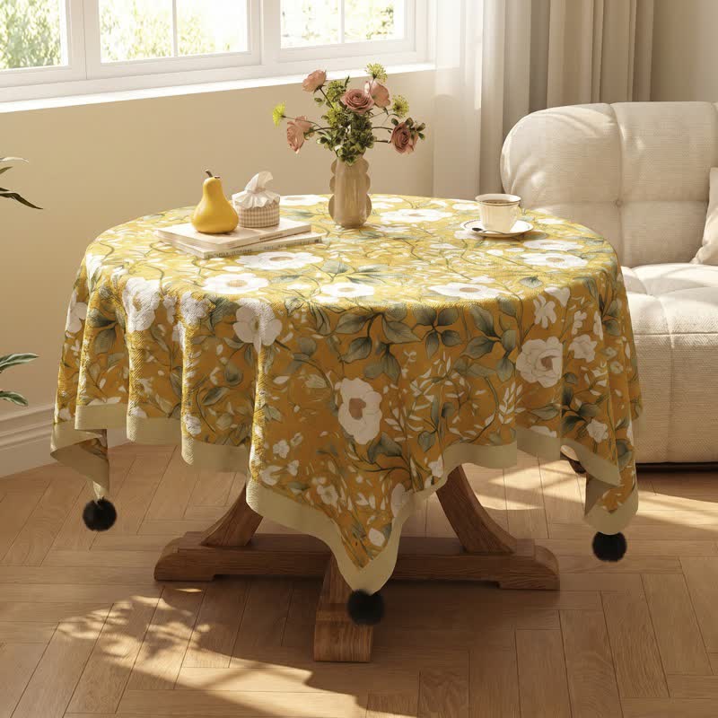 Camellia Floral Pom-Pom Trimmed Tablecloth