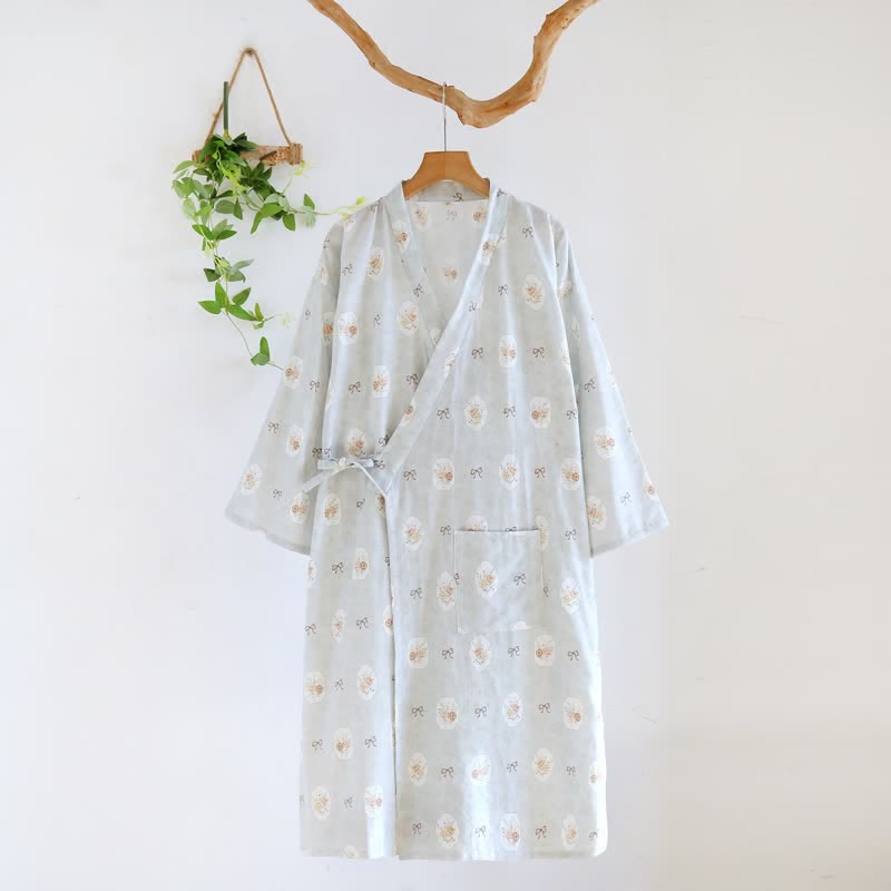 Framed Rose & Bow Cotton Kimono Robe