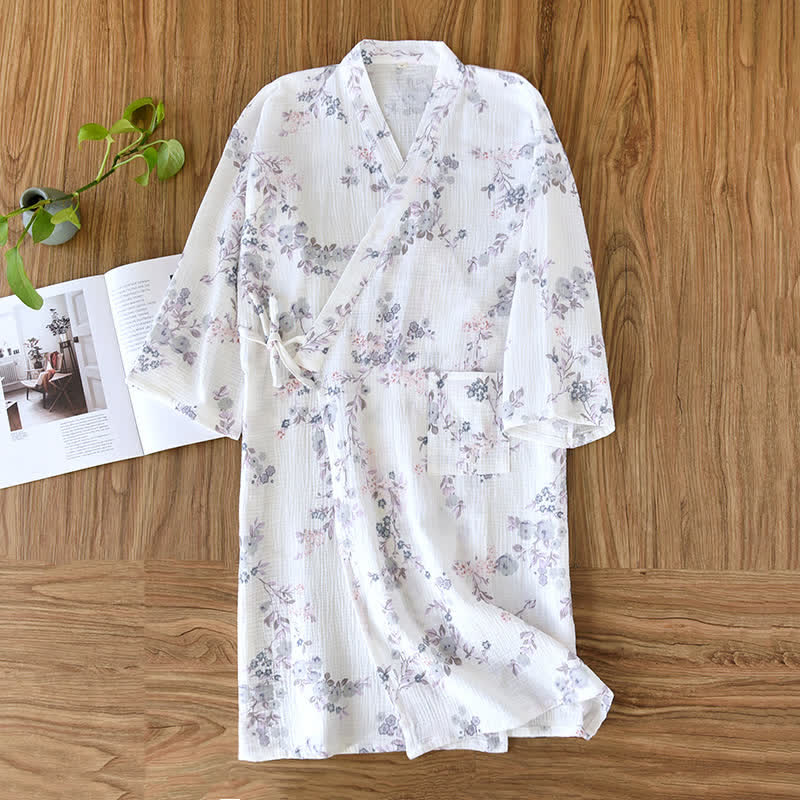 Elegant Purple Floral Cotton Kimono Robe