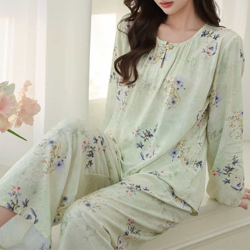 Soft Green Floral Long Sleeve Pajamas