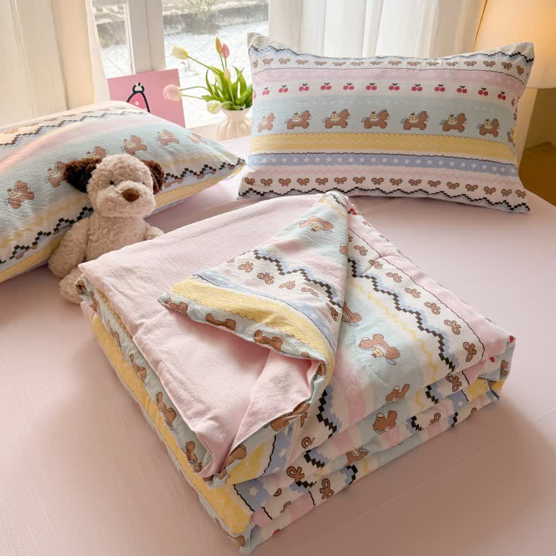 Pink Bow Bear Washed Cotton Bedding Set