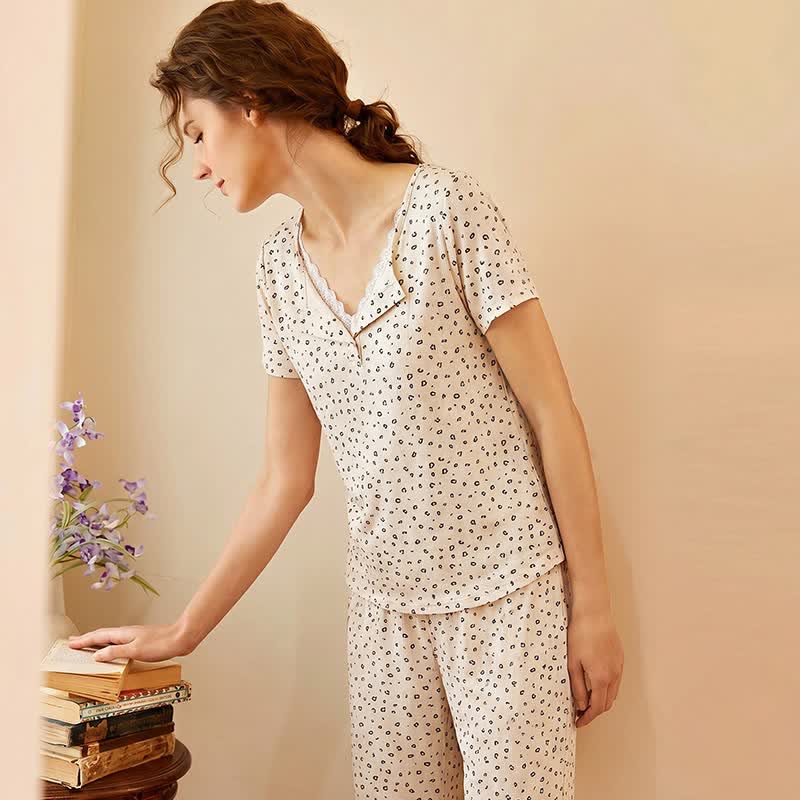 Soft Leopard Print Lace Trim Pajamas