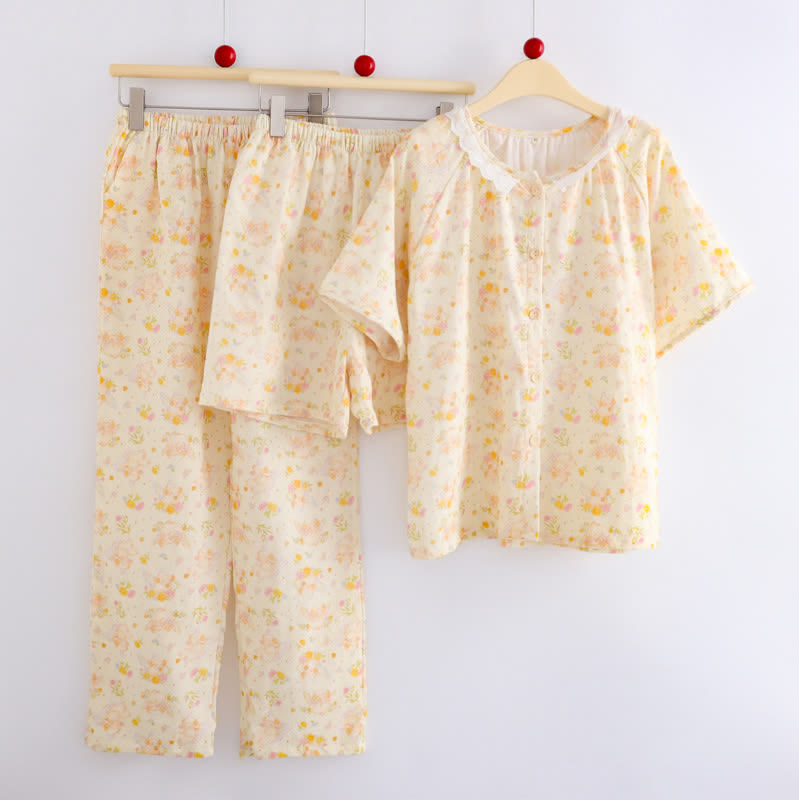 Apricot Floral Cotton Ruffle Loungewear Set(3PCS)