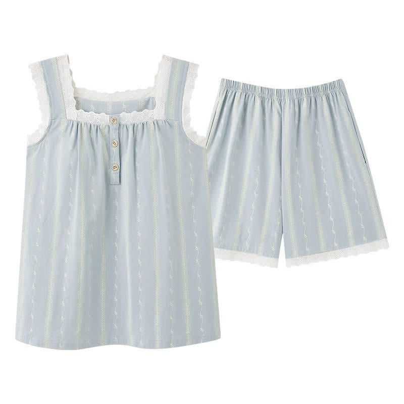Light Blue Cotton Lace Sleeveless Sleep Dress