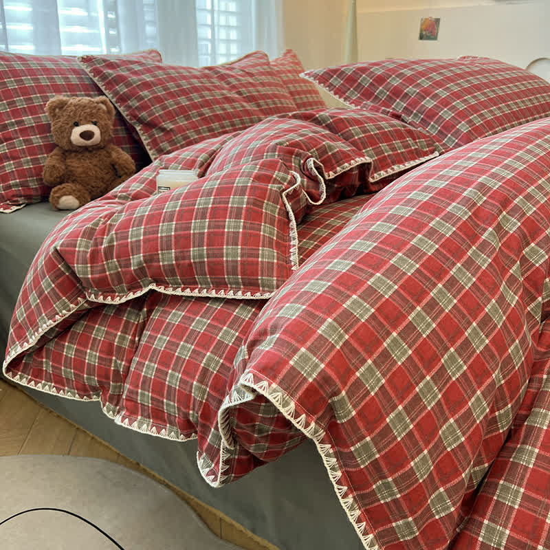 Vintage Red Plaid Cotton Bedding Set