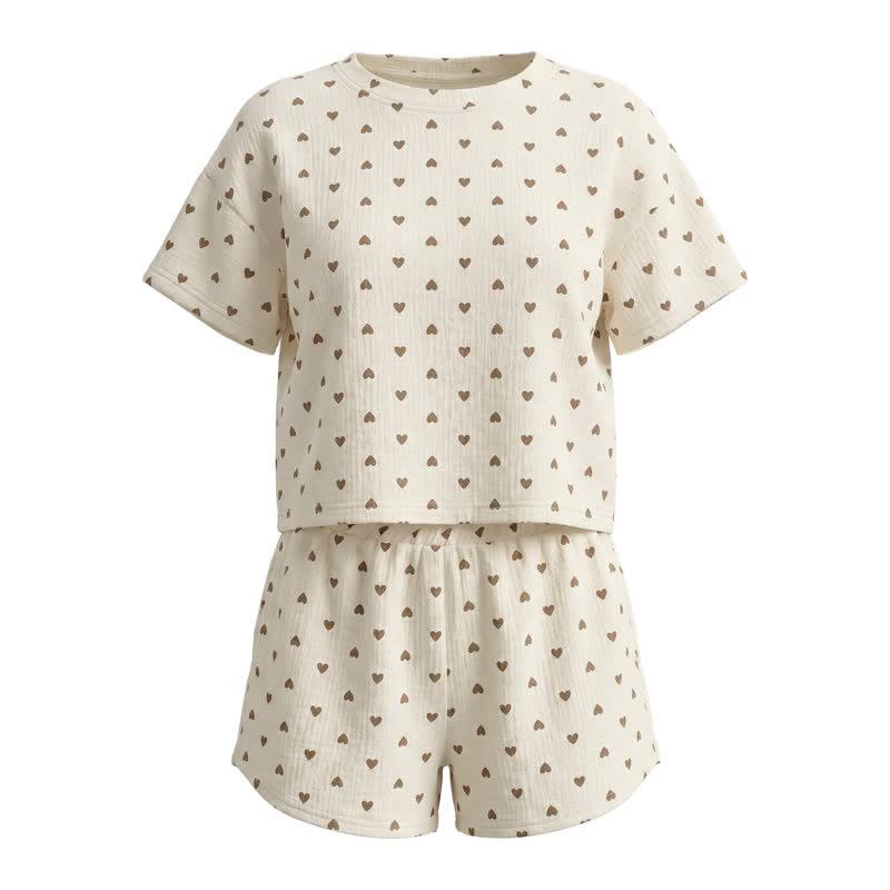 Apricot Heart Print Cotton Loungewear Set