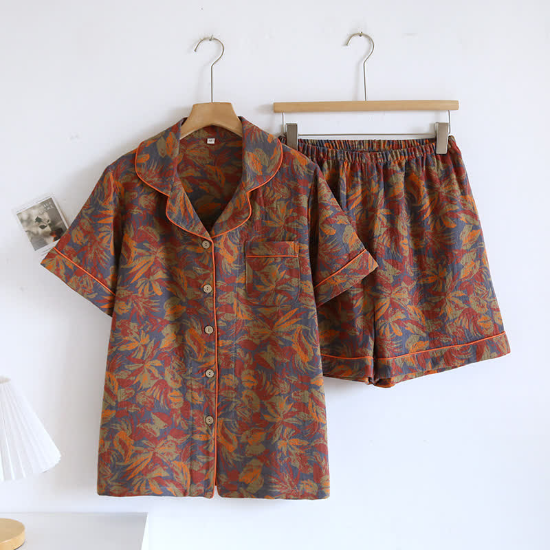 Vintage Leaf Print Cotton Loungewear Set