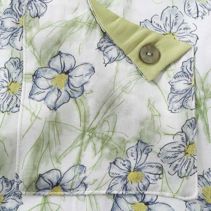 Mint Floral Satin Button Up Shorts Loungewear Set