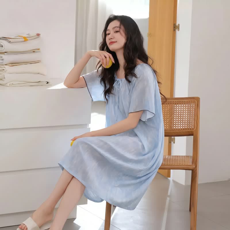 Airy Blue Lyocell Tie Neck Lounge Dress
