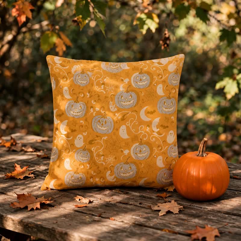 Orange Pumpkin Ghost Cotton Throw Pillow