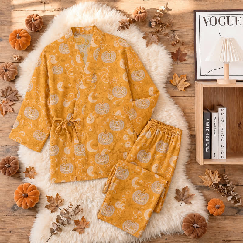 Halloween Pumpkin Ghost Cotton Kimono Pajama Set