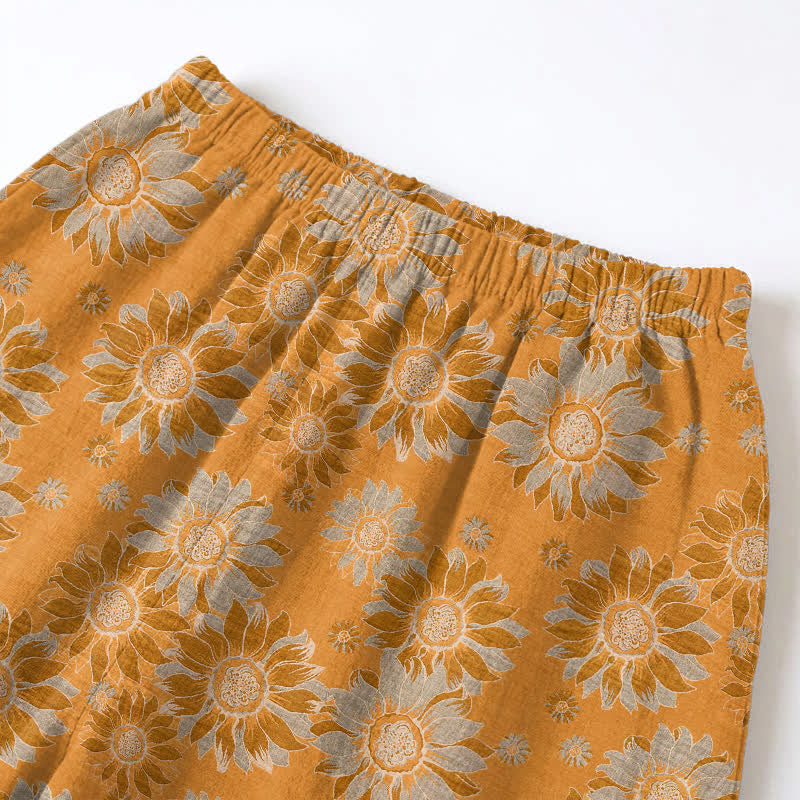Retro Sunflower Cotton Loungewear Pajama Set