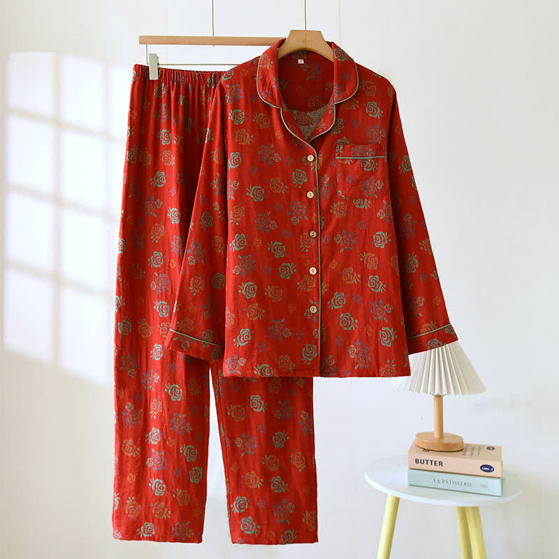 Yarn-dyed Rose Lapel Cotton Pajama Set
